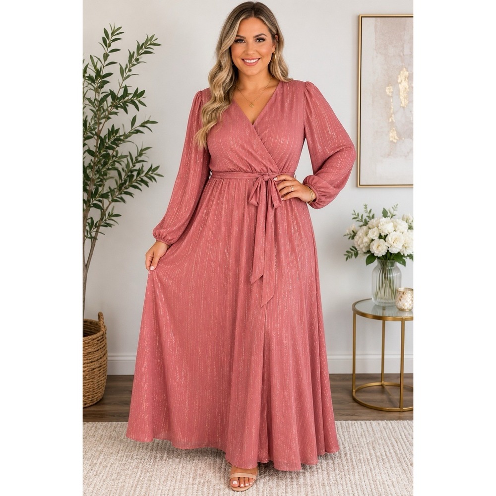 Premier Amour Maxi Wrap Dress Womens 14 Rose Pink Metallic Long Sleeve Tie